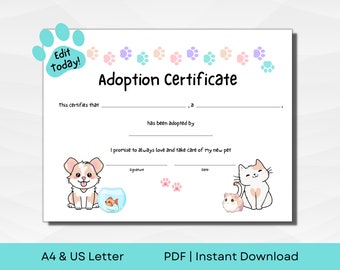 EDITABLE Pet Adoption Certificate for Adoption Pawty, Shelter, Rescue and Breeder | A4 & US Letter | Printable PDF | Instant Download