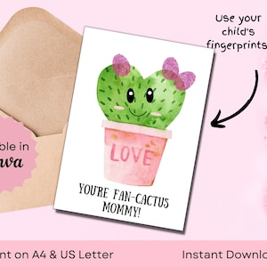 Cartão EDITÁVEL da arte da impressão digital do cacto do dia das mães das crianças | Imprimir em A4 e Carta EUA | Cartão de 5x7 pol/12,5x17,5 cm | Download Instantâneo de PDF