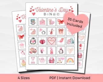 Printable Valentine BINGO | Watercolor Theme for Valentines Day Party | 35 Cards | A4, A5, US Letter and 5x7" | PDF Instant Download