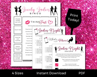 Printable Ladies Night Games Bundle | BINGO, Think Fast, Scavenger Hunt, Whats in Your Phone, Dice Game | A4, A5, US Letter & 5"x7"