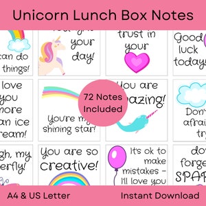 Notas para la fiambrera de unicornio para niños con arcoíris, hadas y sirenas, A4 y carta EE. UU., Descarga instantánea en PDF