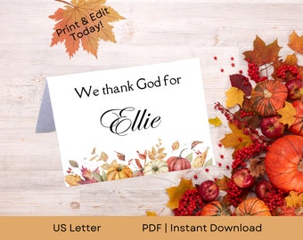 Editable Thanksgiving Place Cards | We thank God for You | Customizable Name Place Cards Template | US Letter | PDF Instant Download
