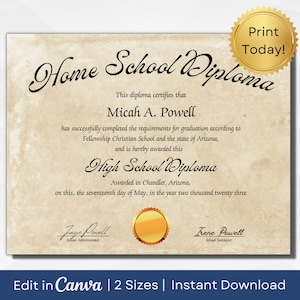 Plantilla imprimible para diploma de educación en el hogar, Diploma de escuela secundaria editable, Recuerdos e hitos, 8,5 x 11 y 11 x 14 pulgadas, Descarga instantánea