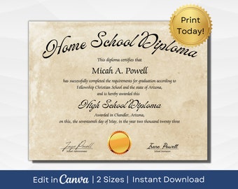 Printable Homeschool Diploma Template | Editable High School Diploma | Keepsakes and Milestones | 8.5x11 and 11x14 inches | Instant Download