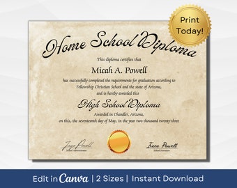 Printable Homeschool Diploma Template | Editable High School Diploma | 8.5x11 and 11x14 inches | Instant Download