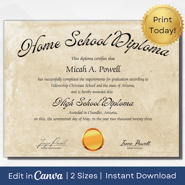 Printable Homeschool Diploma Template | Editable High School Diploma | 8.5x11 and 11x14 inches | Instant Download