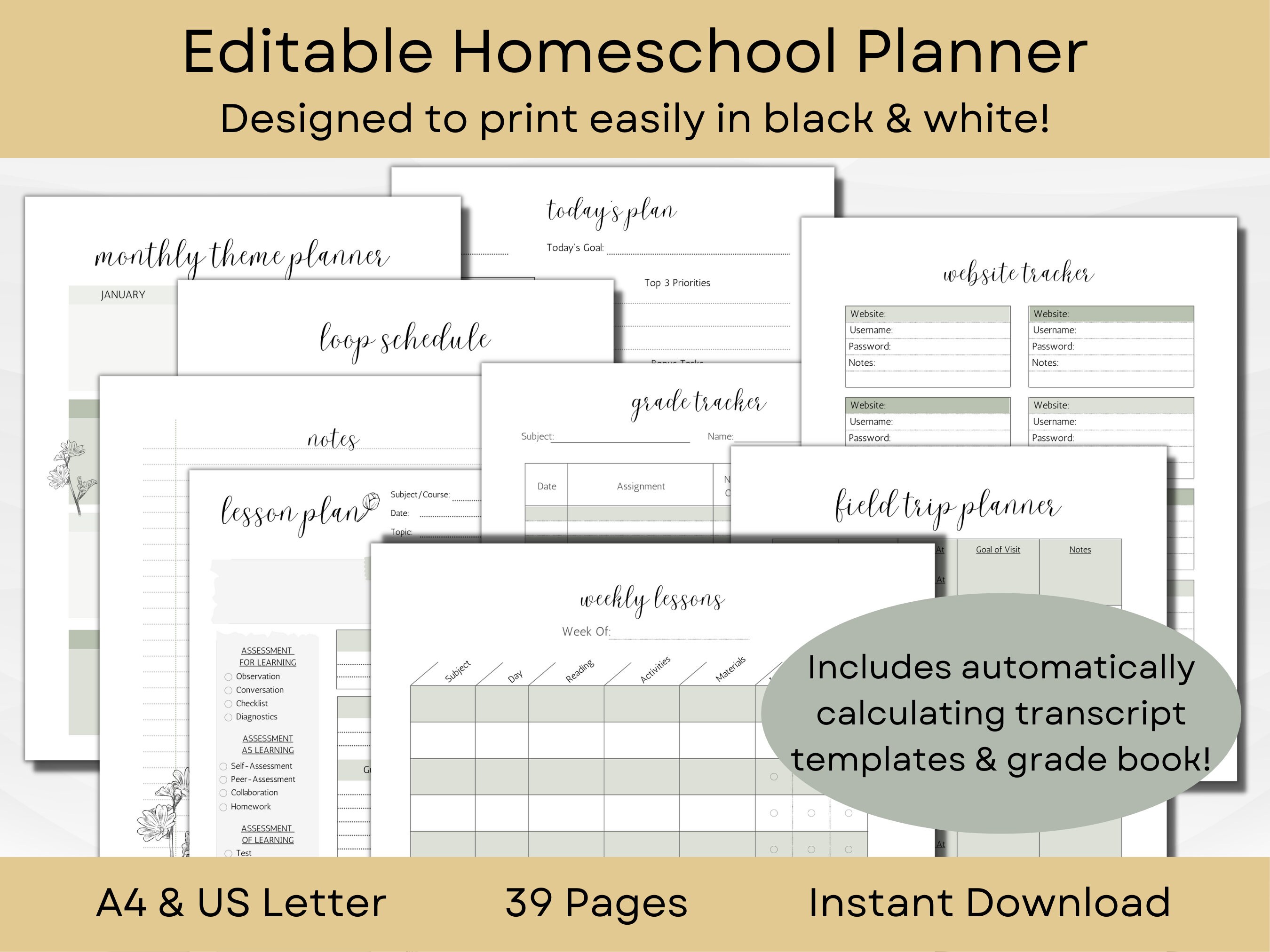 Printable Gradebook Pages Single or Double Sided to Lay Flat in