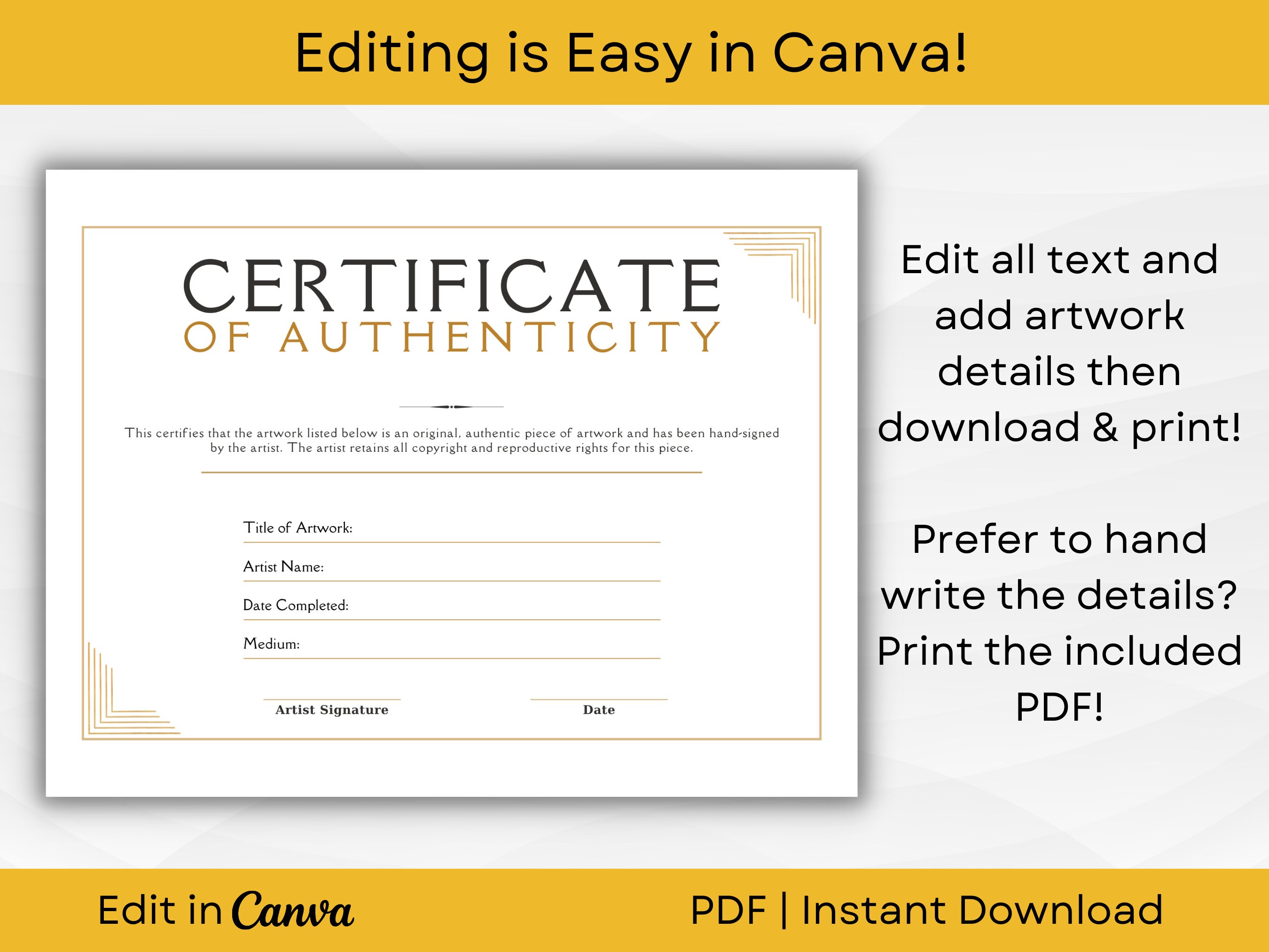 Certificate of Authenticity for Artwork Template | Editable Custom ...