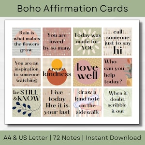 Cartes d'affirmation | Notes de pleine conscience bohème | Cartes de soins personnels, notes de boîte à lunch pour adolescents | A4 et lettre US | Téléchargement instantané