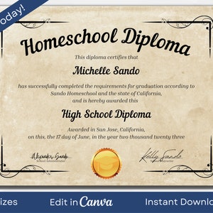Plantilla de diploma de educación en el hogar imprimible / Diploma de escuela secundaria editable / Recuerdos de hitos / A4, Carta de EE. UU., 11x14 pulgadas / Descarga instantánea