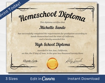 Printable Homeschool Diploma Template | Editable High School Diploma | Milestone Keepsakes | A4, US Letter, 11x14 inches | Instant Download