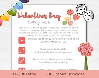 Valentines Day Candy Dice Game for Kids and Adults | Classroom Valentine Party | Pass the Gift | A4 & US Letter | PDF Instant Download