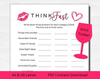 Printable Think Fast Game for Ladies Night | Galentines Games | A4 & US Letter | PDF Instant Download