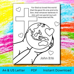 Niños Biblia para colorear / Juan 3:16 / Biblia preescolar para colorear / Imágenes de historias bíblicas / A4 y carta estadounidense / PDF Descarga instantánea