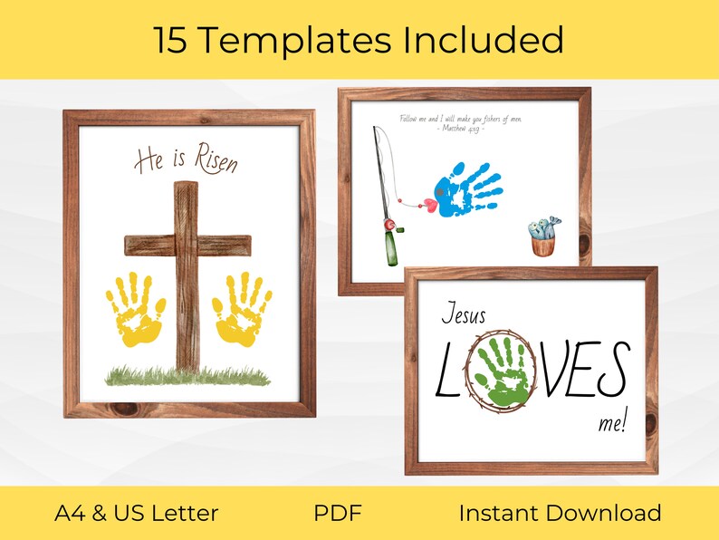 May include: A set of 15 printable Easter-themed handprint art templates. The templates feature a cross with handprints, a fishing rod with a handprint, and a wreath with a handprint. The text "He is Risen", "Follow me and I will make you fishers of men", and "Jesus LOVES me!" is included on the templates.
