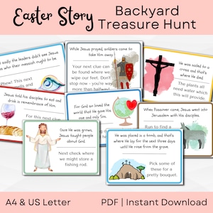 Pistas de caza de Pascua / Búsqueda del tesoro al aire libre / Tarjeta de historia de Pascua / Juegos de patio trasero de Pascua / A4 y carta de EE. UU. / Descarga instantánea en PDF imprimible