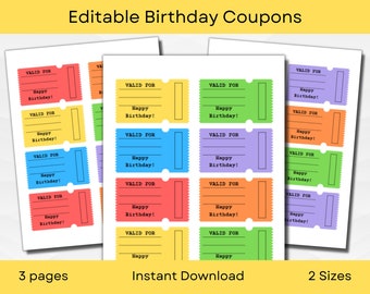 Editable Coupon Book | Ticket Template | Birthday Coupons for Anyone | A4 and US Letter | Instant Download