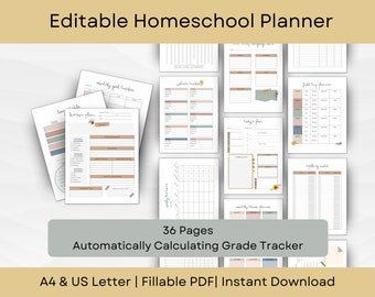 Editable Homeschool Planner with Grade Tracker | Neutral Nature Theme | A4 & US Letter | Instant Download