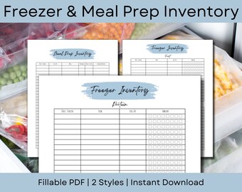 May include: Printable freezer and meal prep inventory lists. The image shows three pages with a blue and white colour scheme. The pages are titled "Freezer Inventory", "Fruit", and "Meal Prep Inventory".