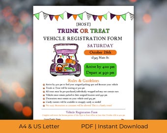 Trunk or Treat Car Registration Form for Fall Festival | Volunteer Sign Up Sheet | A4 & US Letter |  PDF Instant Download