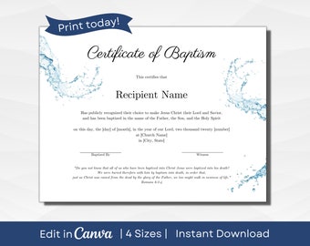 Certificate of Baptism | Fully Editable Text | Keepsakes and Milestones | Four Sizes: A3, A4, US Letter, 14x11 inches | PDF Instant Download