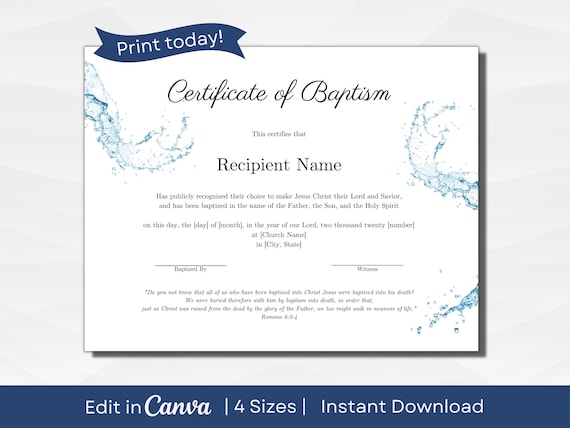 Certificate of Baptism | Fully Editable Text | Keepsakes and Milestones | Four Sizes: A3, A4, US Letter, 14x11 inches | PDF Instant Download