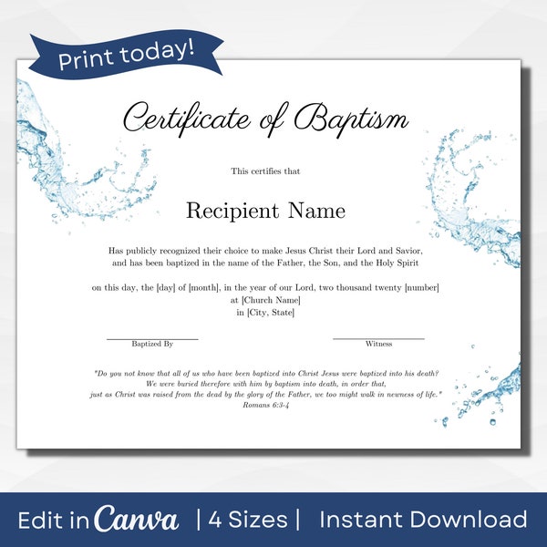 Certificate of Baptism | Fully Editable Text | Four Sizes: A3, A4, US Letter, 14x11 inches | PDF Instant Download