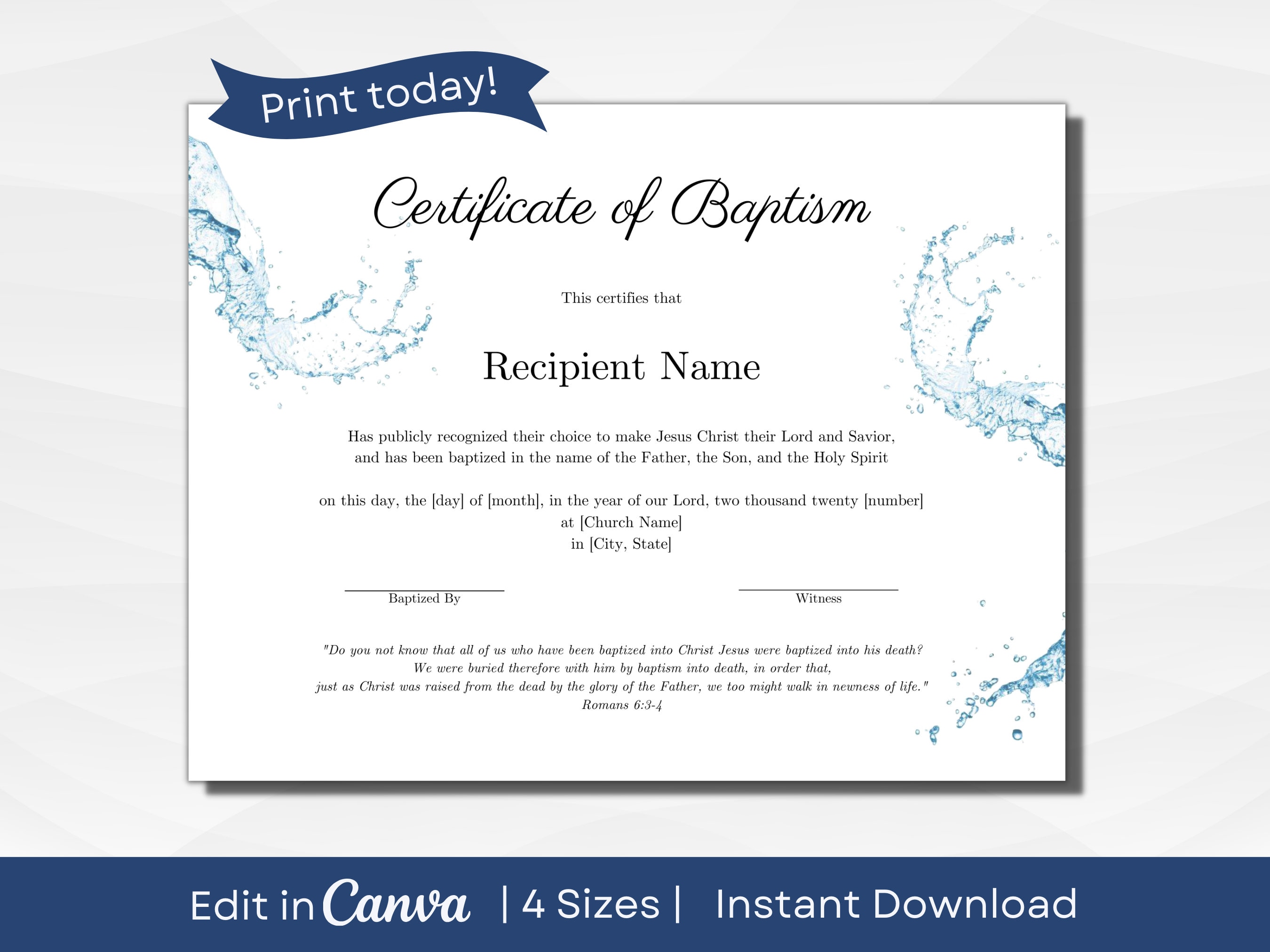 Certificate of Baptism | Fully Editable Text | Keepsakes and Milestones |  Four Sizes: A3, A4, US Letter, 14x11 Inches | PDF Instant Download - Etsy, image size:2700x2025