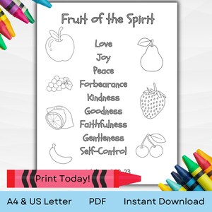 Página para colorear del Fruto del Espíritu, Hoja de actividades bíblicas divertidas para los más pequeños, A4 y carta EE. UU., Descarga instantánea en PDF
