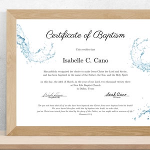 May include: A certificate of baptism for Isabelle C. Cano, dated March 23, 2023, at New Life Baptist Church in Dallas, Texas. The certificate features a blue water splash design.