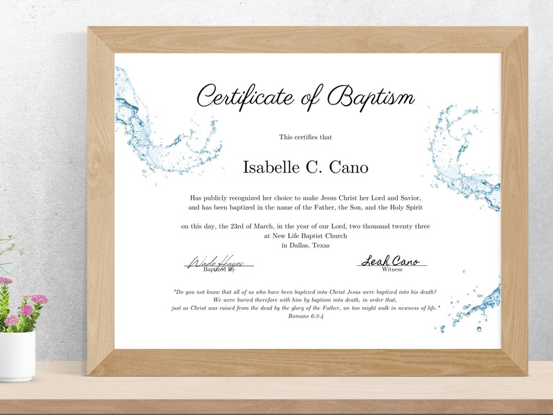May include: A certificate of baptism for Isabelle C. Cano, dated March 23, 2023, at New Life Baptist Church in Dallas, Texas. The certificate features a blue water splash design.