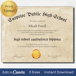 Plantilla EDITABLE para diploma de escuela secundaria, Diploma de escuela en casa imprimible, Recuerdos de hitos, A4, Carta de EE. UU. y 11 x 14 pulg. / Descarga instantánea
