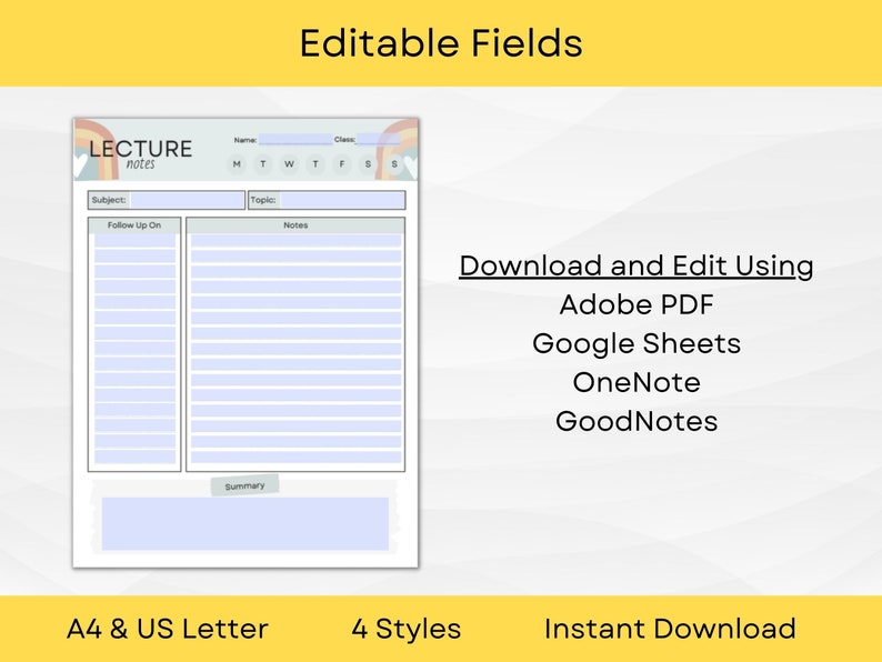Editable Note Taking Template in 4 Designs A4 and US Letter Instant ...