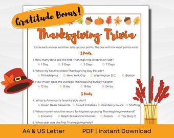 Printable Thanksgiving Trivia for Kids and Family with Bonus Gratitude Question | A4 & US Letter | PDF Instant Download