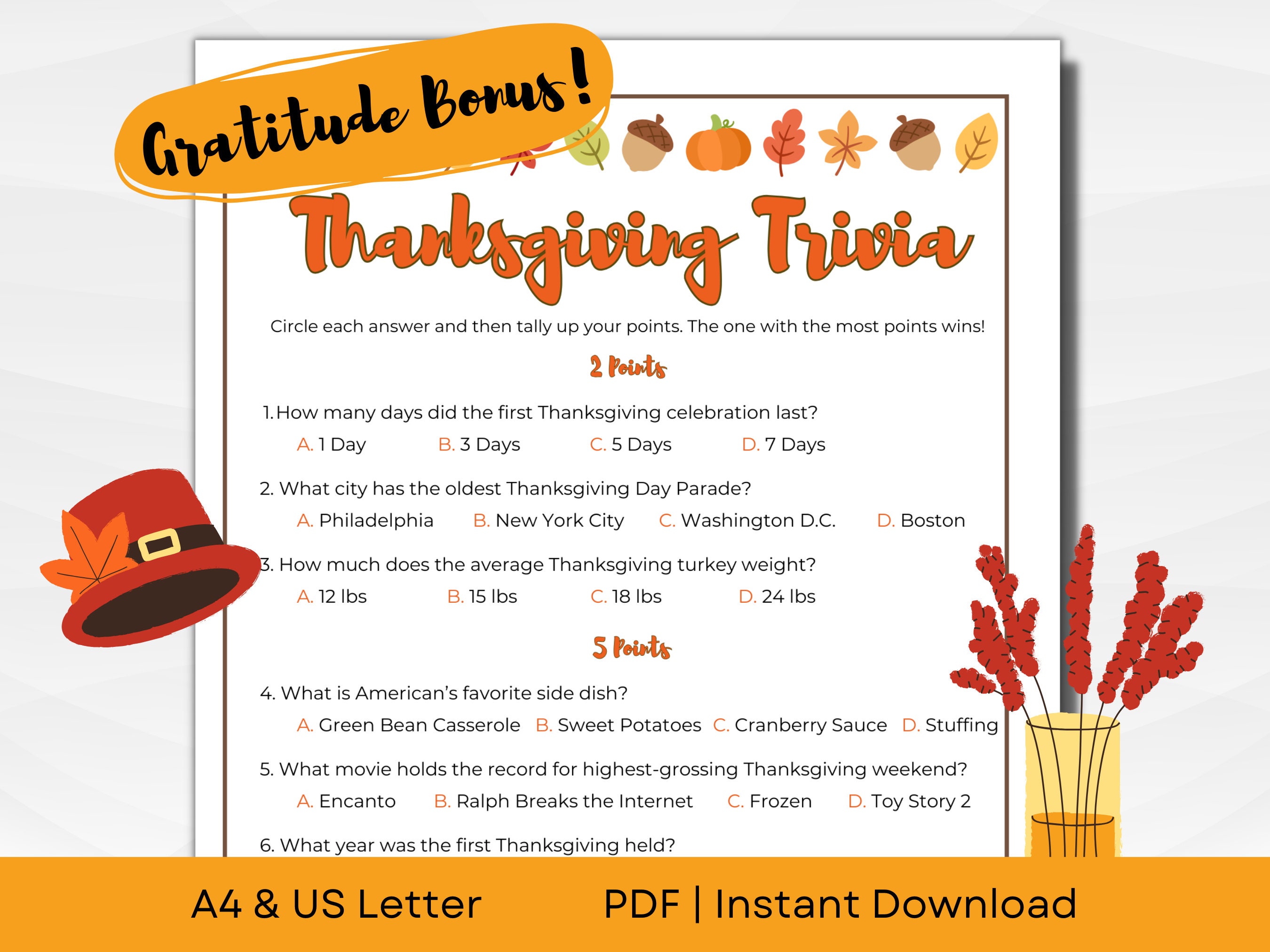 Printable Thanksgiving Trivia for Kids and Family With Bonus - Etsy