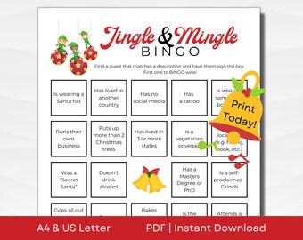 Printable Jingle and Mingle BINGO Game for Christmas Party | Find the Guest | A4 & US Letter | PDF Instant Download