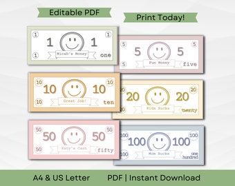 Printable Play Money for Kids | Reward Coupons | Learning through Pretend Play | A4 & US Letter | Editable PDF | Instant Download