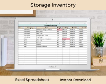 May include: A MacBook Air displays a spreadsheet titled "Storage Inventory." The spreadsheet lists categories like Christmas and Baby, with items such as "Fake Snow" and "Baby Clothes." The screen also shows "Excel Spreadsheet" and "Instant Download."