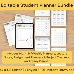 May include: An editable student planner bundle featuring monthly and weekly planners, lecture notes, assignment planners, and project trackers. Available in A4 and US Letter sizes. Includes PDF instant download.