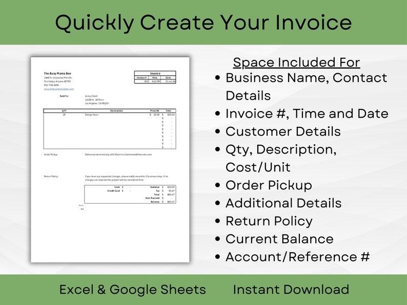 Editable Generic Invoice Template for Excel and Google Sheets | Small ...
