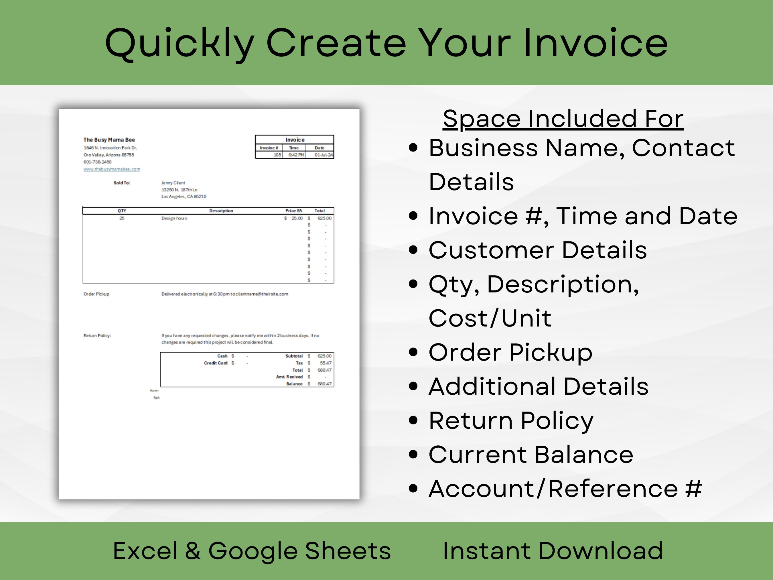Editable Generic Invoice Template for Excel and Google Sheets | Small ...
