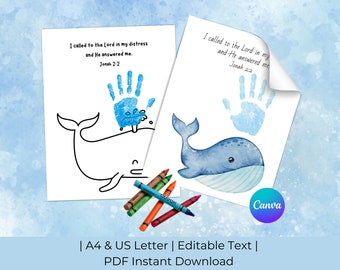 Jonah and the Whale Craft | Bible Handprint Art and Coloring Page for Toddlers and Preschoolers | A4 & US Letter | PDF Instant Download