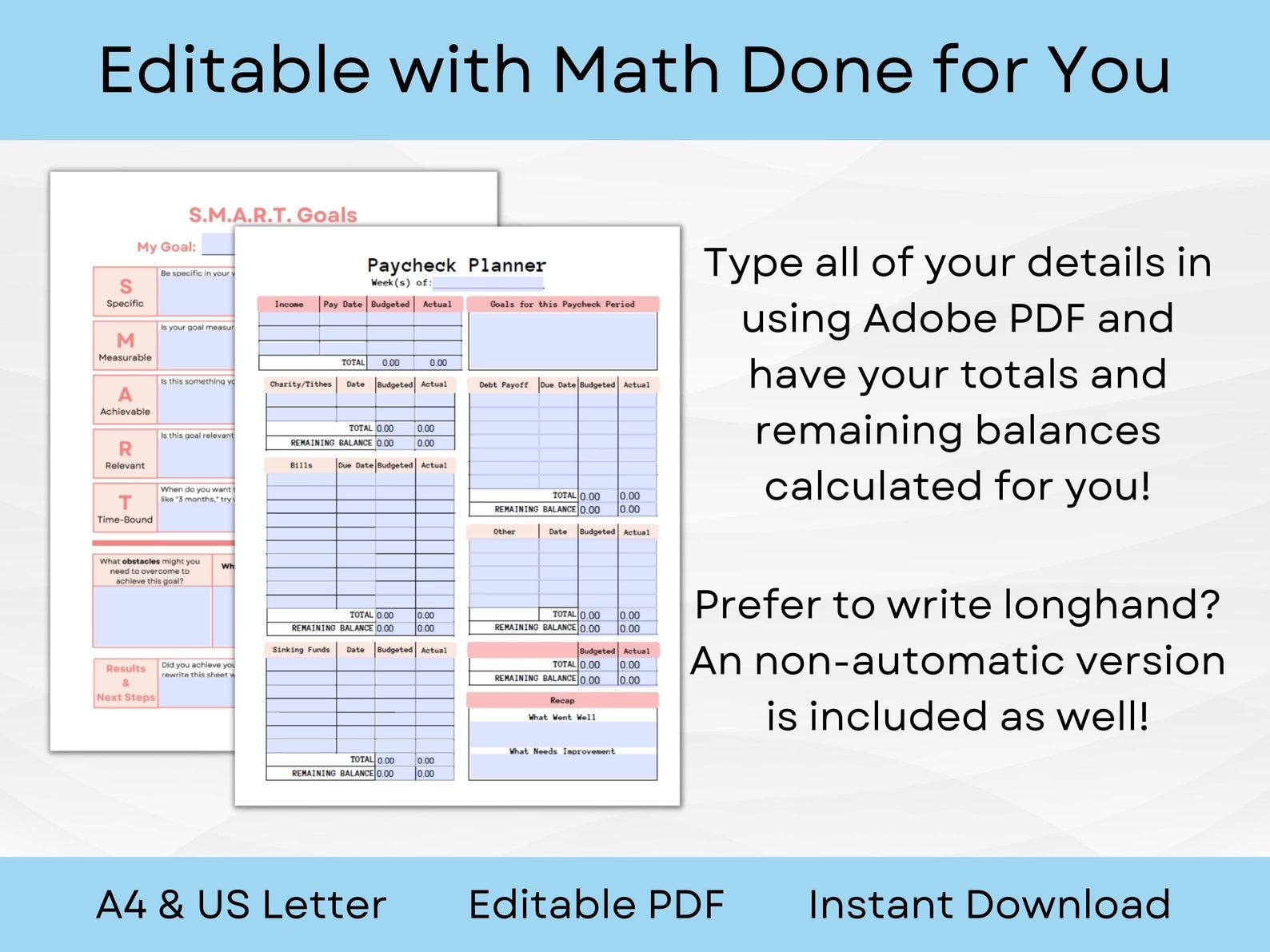 Printable Paycheck Budget With SMART Goal Worksheet Bundle | Editable ...