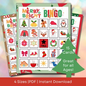 May include: Christmas-themed bingo cards with festive illustrations. The cards feature images of a Christmas tree, gingerbread man, snowman, and other holiday symbols. Text on the cards reads "Merry & Bright Bingo", "15 Cards", and "Great for all Ages!"