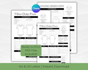 Tshirt Bestellschein | Bearbeitbare und druckbare Vorlage für Tshirt-Business | A4 & US Letter | PDF Digitaler Download