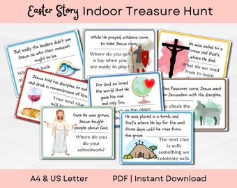 Easter Indoor Treasure Hunt |Easter Story Cards | Bible Scavenger Hunt | He is Risen | A4 & US Letter | Printable PDF Instant Download