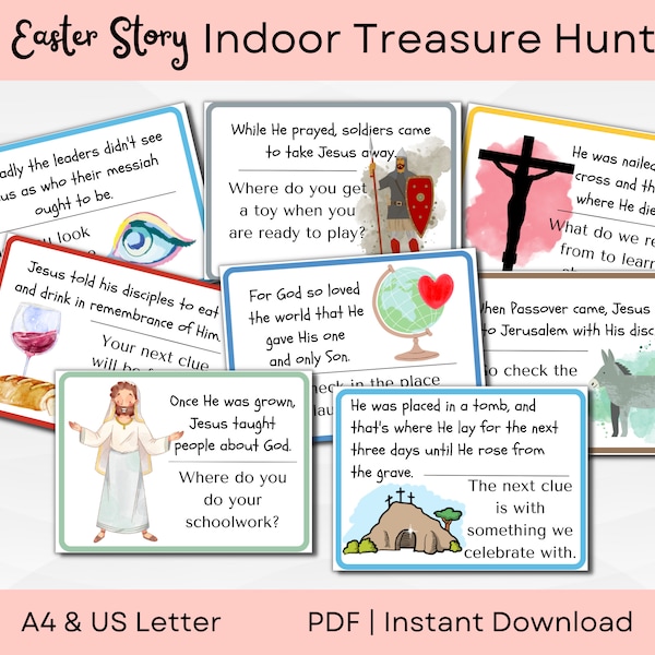 Easter Indoor Treasure Hunt |Easter Story Cards | Bible Scavenger Hunt | He is Risen | A4 & US Letter | Printable PDF Instant Download