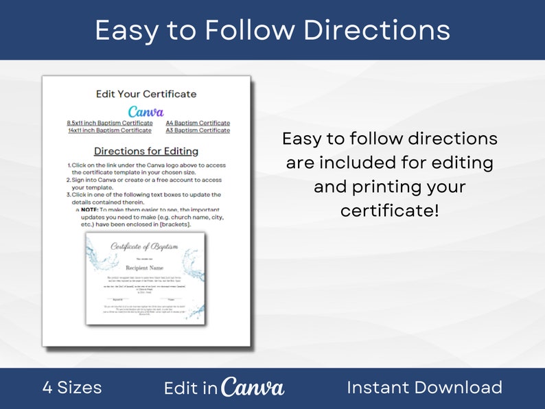 May include: A digital download of a baptism certificate template in four sizes: 8.5x11 inches, half inch, A4, and A3. The template is customizable in Canva and includes easy-to-follow directions for editing and printing.