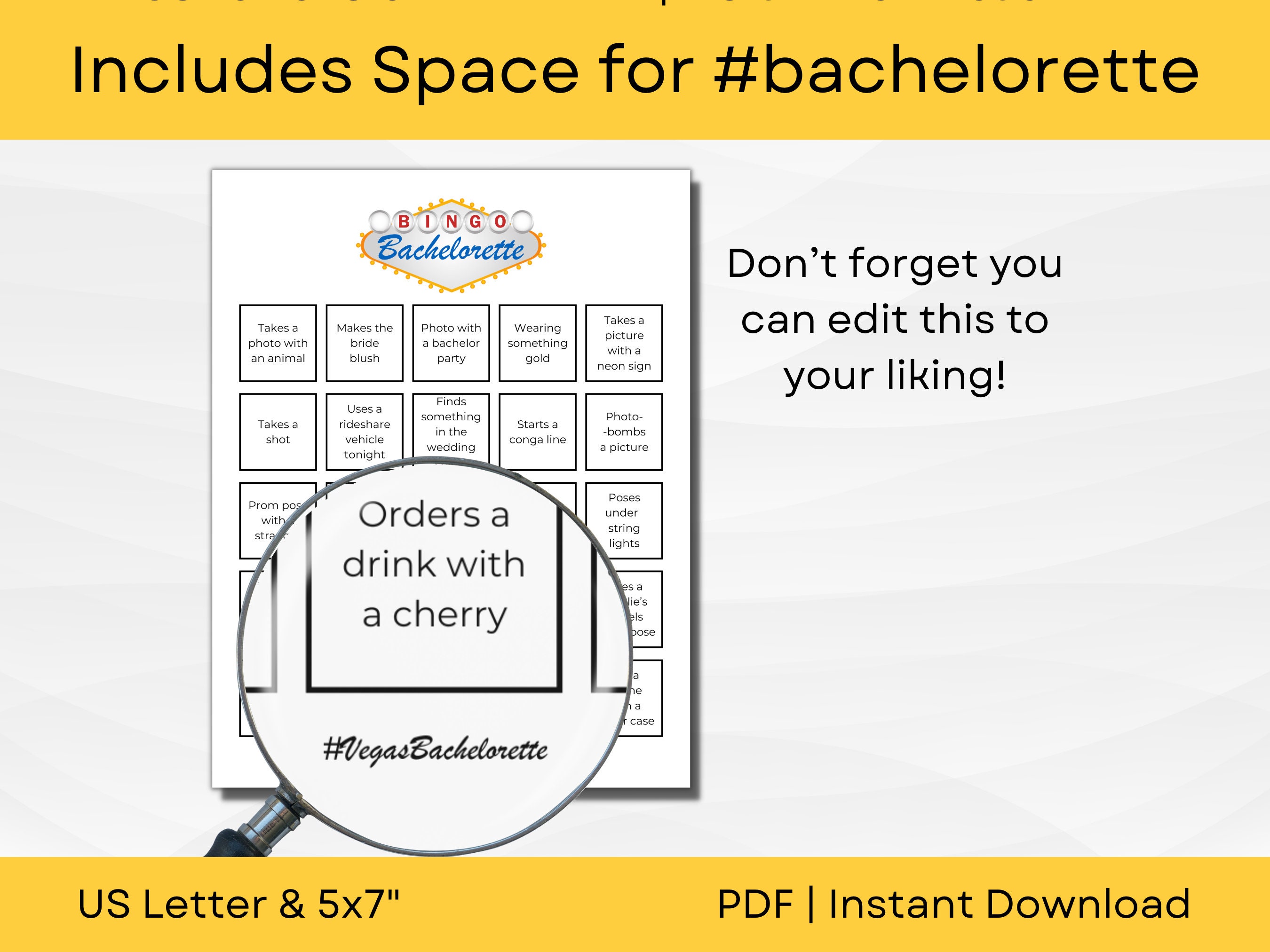 Editable Vegas Bachelorette BINGO Cards With Hashtag Bachelorette Bar
