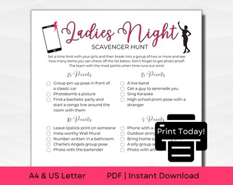 Printable Ladies Night Scavenger Hunt for Girls Night Out | A4 & US Letter | PDF Instant Download